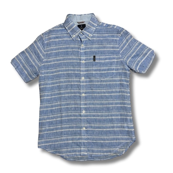BEN SHERMAN Short Sleeve Stripe Print Linen Regular Fit Shirt, Blue/White, Small - Picture 3 of 5